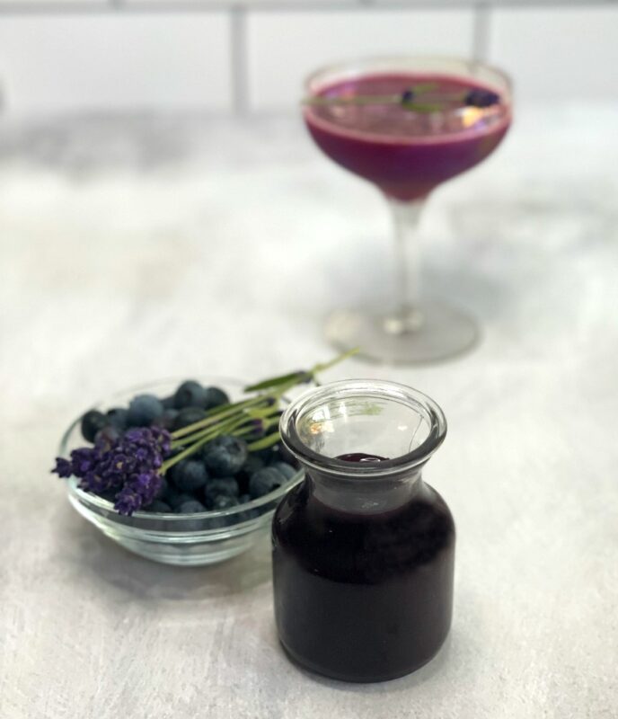 blueberry lavender syrup, blueberries, and a cocktail
