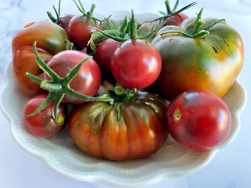 fresh heirloom tomatoes in a bowl