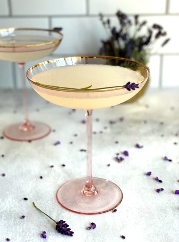 lavender lemon drop martinis in coupe glasses