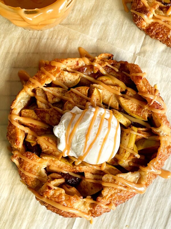 mini salted caramel apple galette with ice cream on top caramel