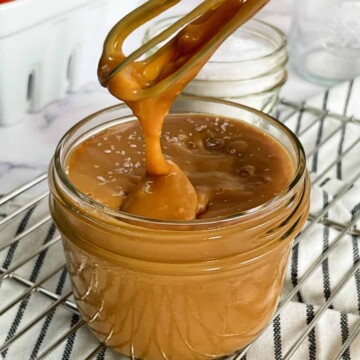 salted caramel dripping off a whisk