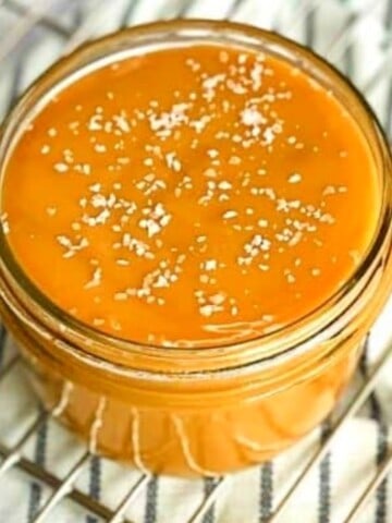 salted caramel in a jar with salt on top