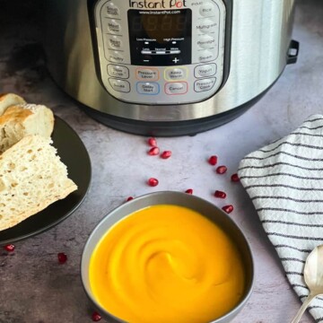 butternut squash soup in front of an instant pot