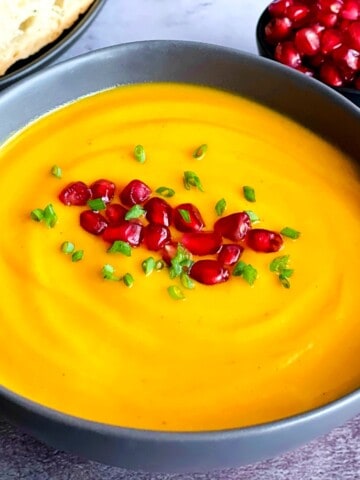 butternut squash soup with pomegranate seeds