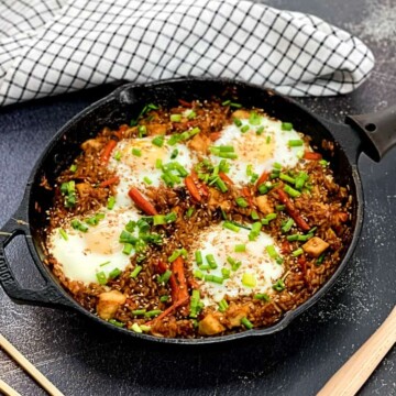 chicken fried rice in a cast iron pan