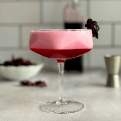 hibiscus pisco sour in a cocktail glass