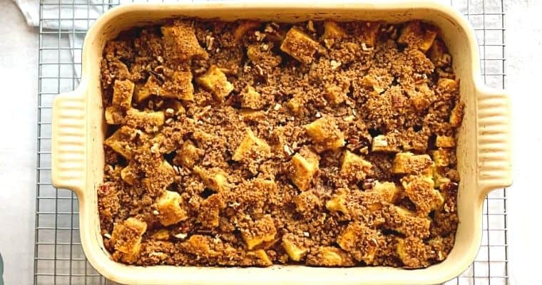 baked french toast casserole in a dish.