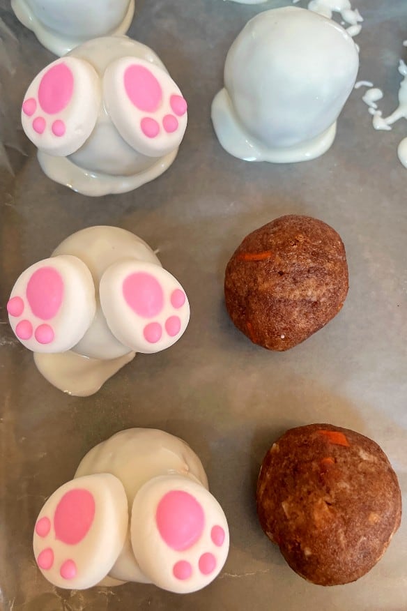 carrot cake bites with almond bark and bunny feet