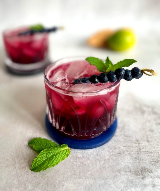 blueberry gin and tonic with blueberry and mint garnish