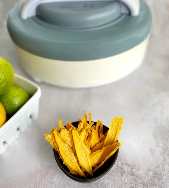 dehydrated mangos in front of a dehydrator