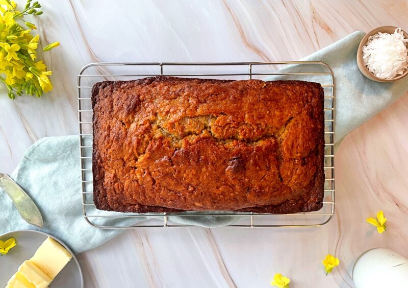 coconut banana bread on a cooling rack