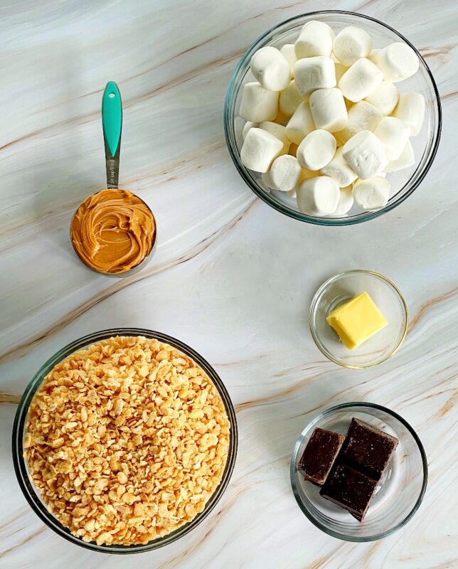 ingredients for peanut butter chocolate rice krispie treats