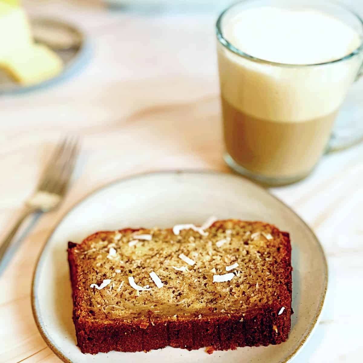 slice of banana bread and a latte