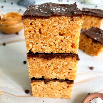stacked peanut butter chocolate rice cereal treats