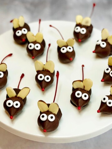 cherry mice on a cake stand