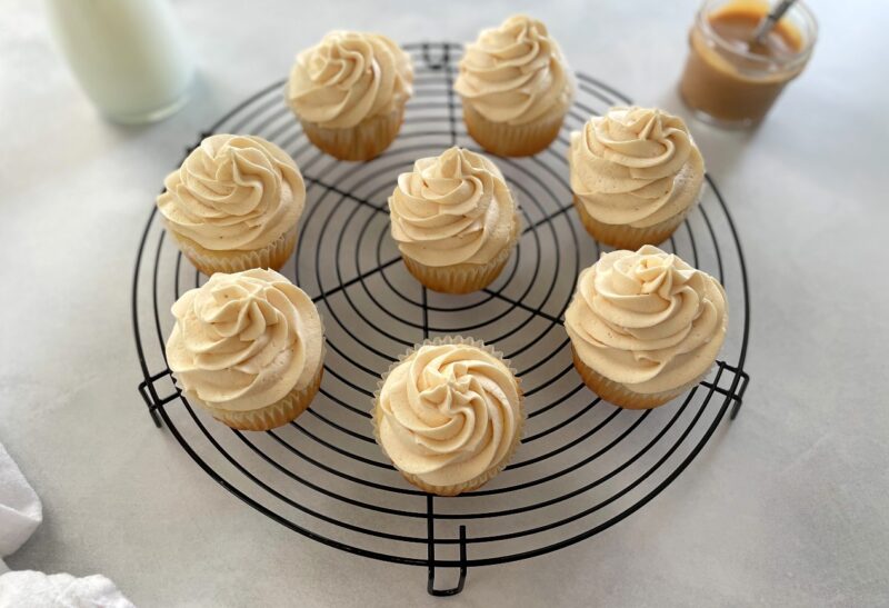 caramel cupcakes on a cooling rack