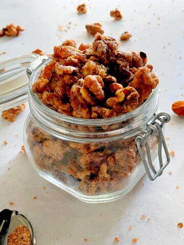 candied maple walnuts in a jar