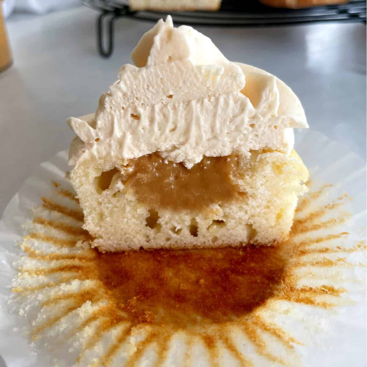 caramel filled cupcake cut in half
