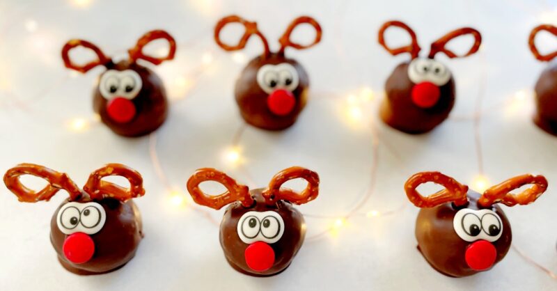 reindeer cake pops on a table.