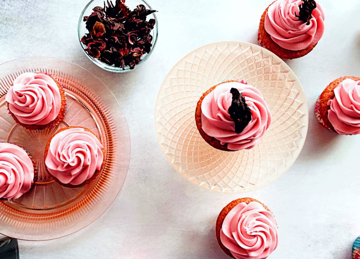 hibiscus cupcakes with dried hibiscus flowers.