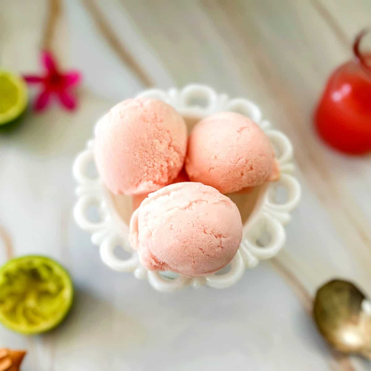 guava gelato in a bowl.