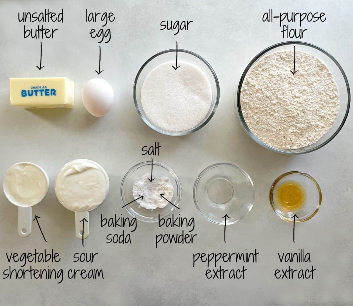 ingredients for peppermint sugar cookies.