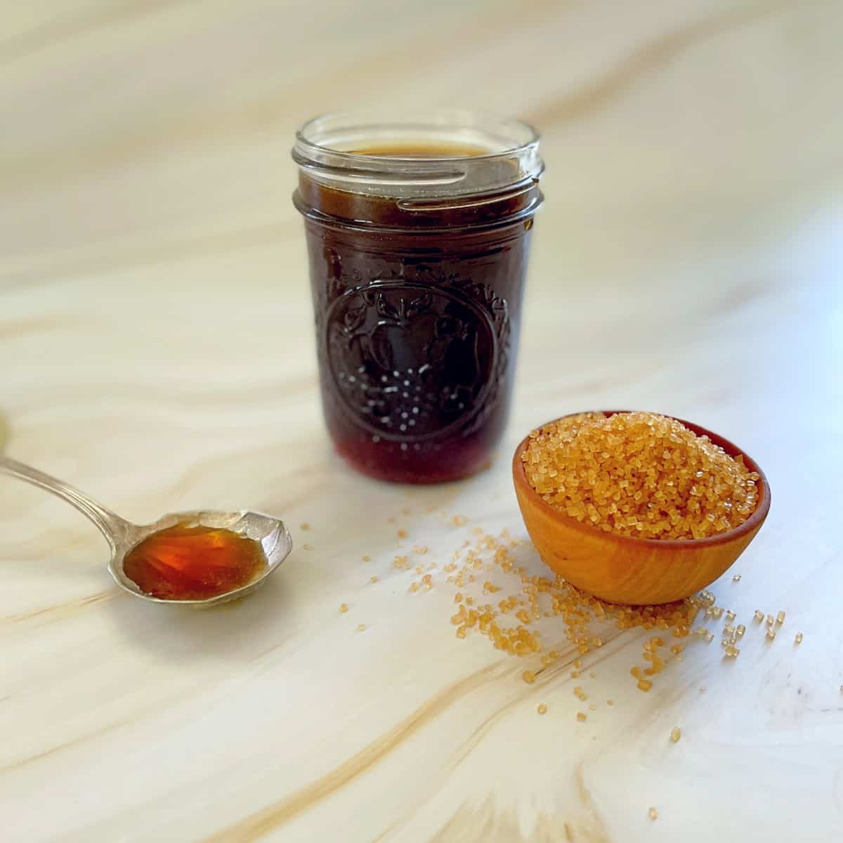 rich demerara syrup in a jar.