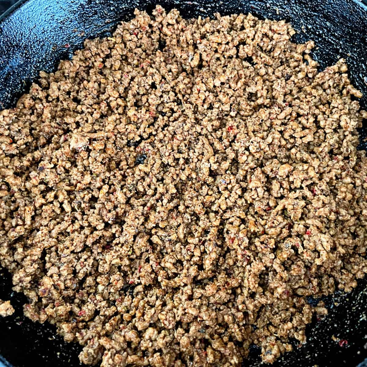 cooked small piece ground beef.