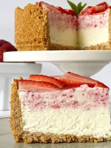 strawberry ice cream cheesecake slice.