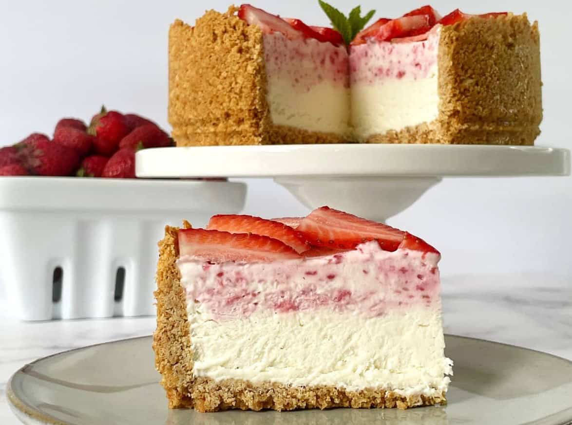 strawberry ice cream cheesecake slice.