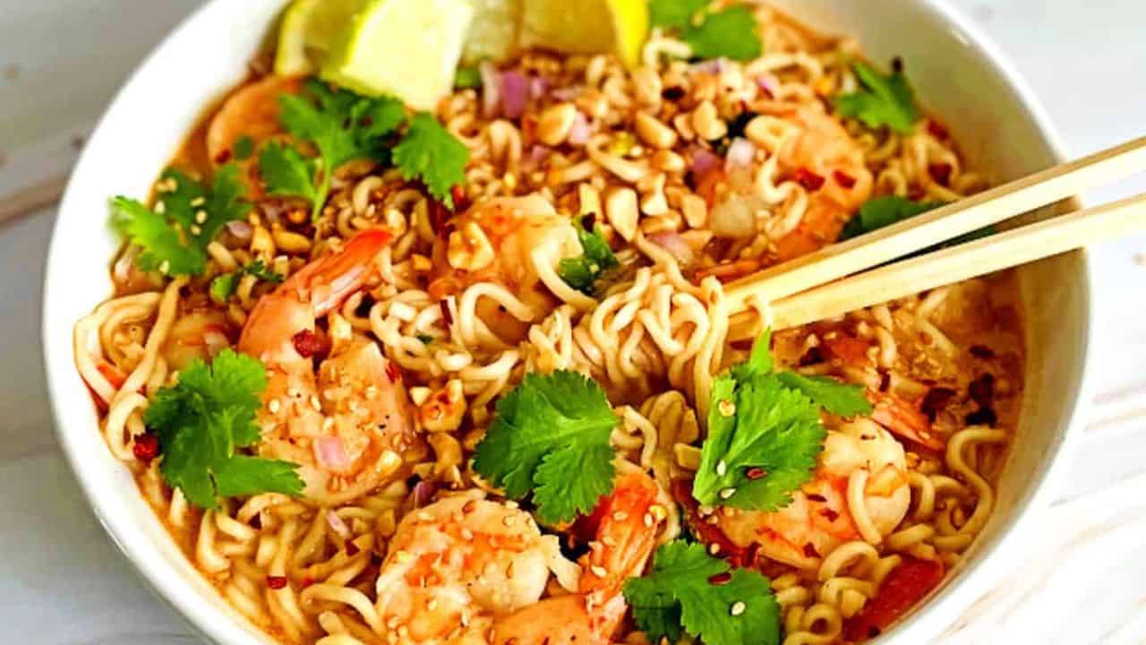 a bowl of shrimp ramen with peanut butter