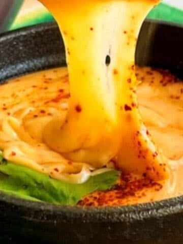 Tequila Queso Fundido in a black metal bowl