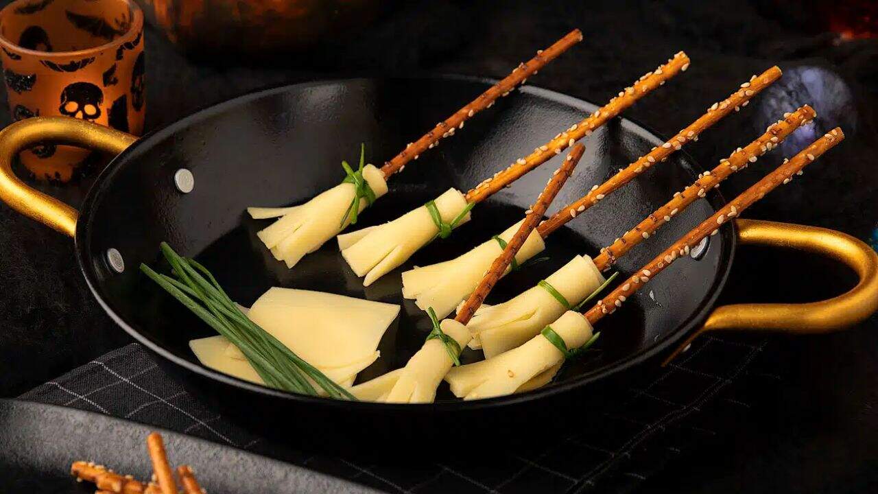 Halloween Cheesy Pretzel Broomsticks