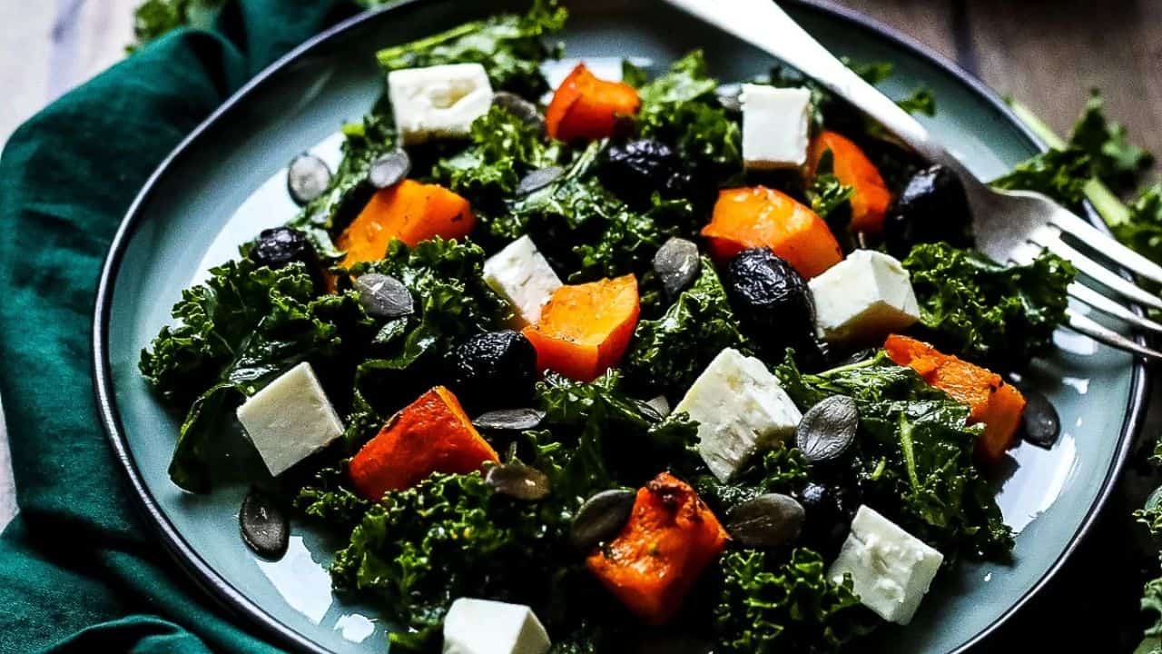 Kale Pumpkin Salad with Feta and Pesto Dressing