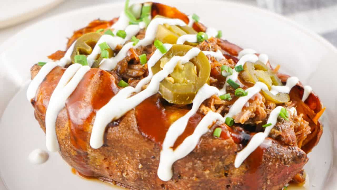 Loaded Pulled Pork Baked Sweet Potato