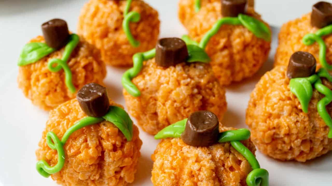 Pumpkin Rice Krispie Treats with Tootsie Roll Stems