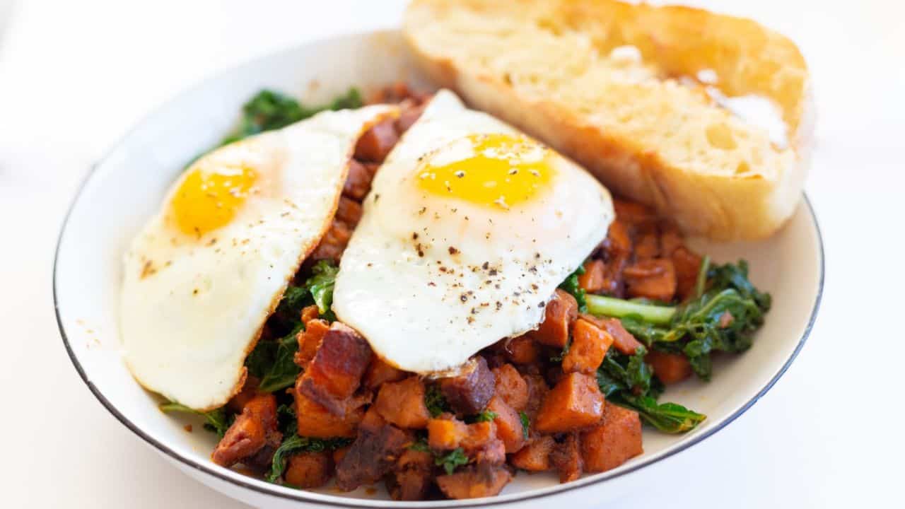 Healthy Sweet Potato Kale Hash Recipe with a Sunny-Side-Up Egg