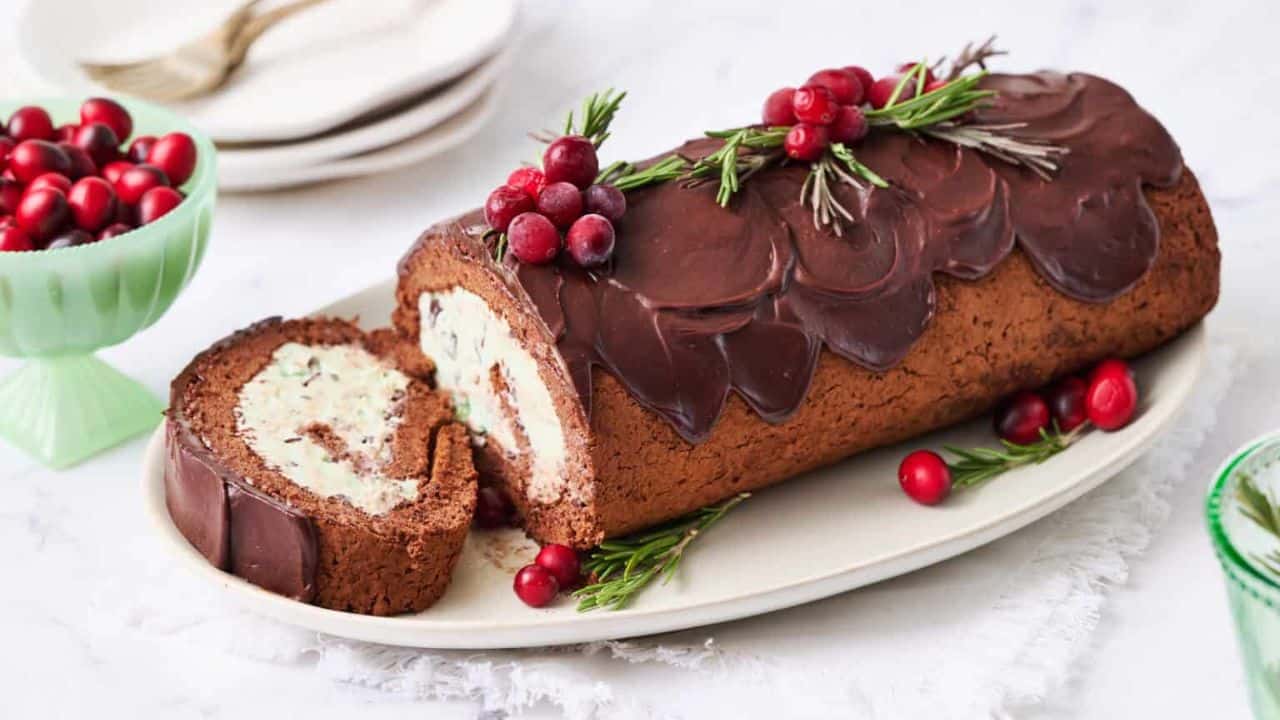 Ice Cream Yule Log Cake with Chocolate Ganache
