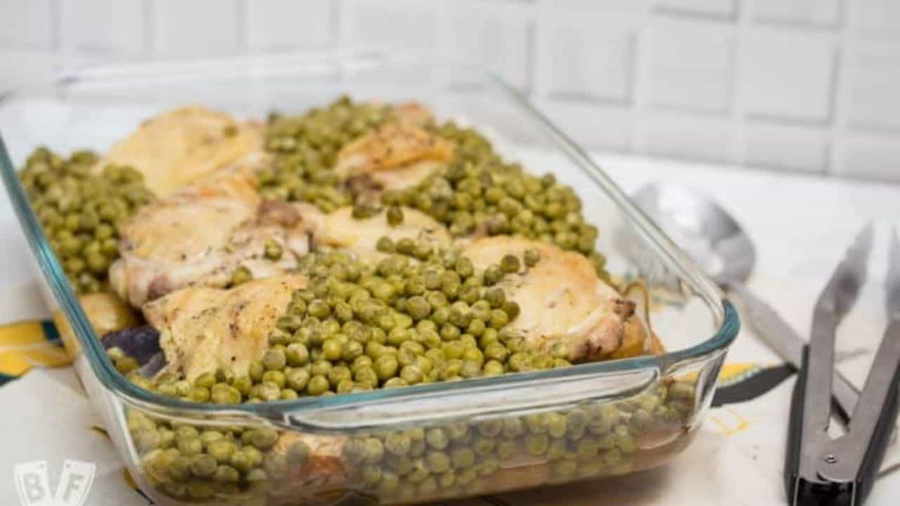 Baked Chicken Thighs with Potatoes and Peas
