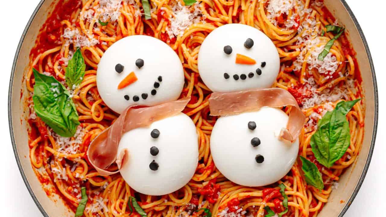 Christmas Pasta with Burrata Snowmen