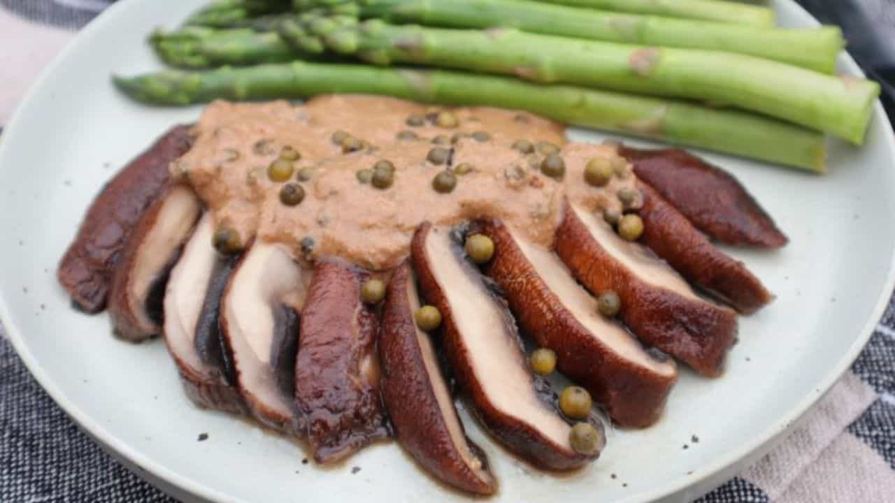 Portobello mushroom steak with green peppercorn sauce