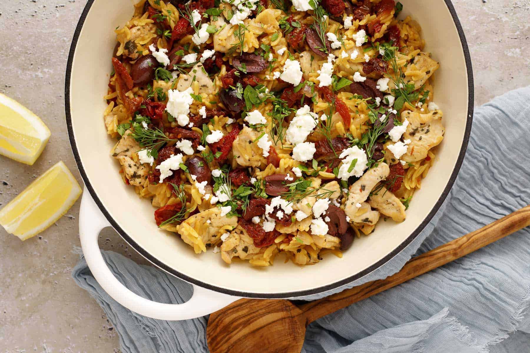 Mediterranean Chicken and Orzo Skillet
