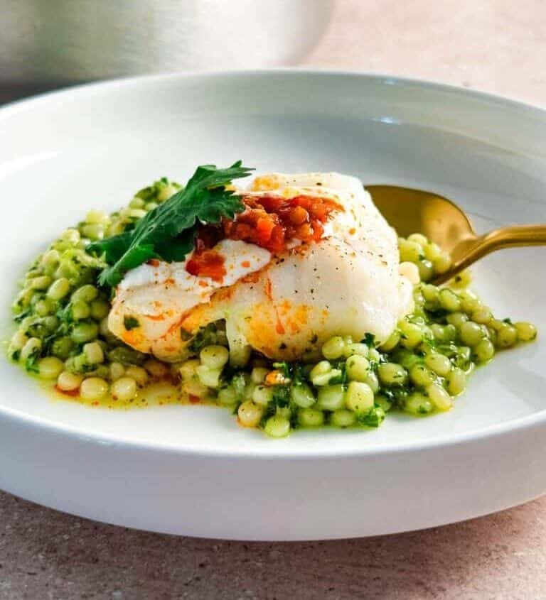 One-Pan Steamed Cod with Herby Pearled Couscous