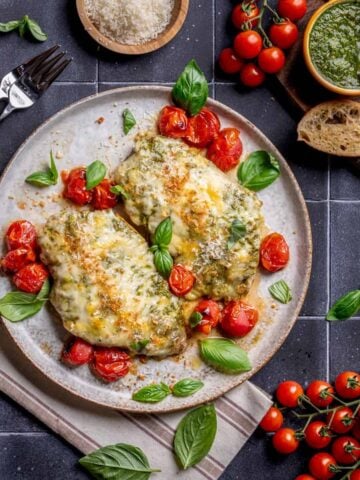 Cheesy Pistachio Pesto Chicken with Roasted Cherry Tomatoes