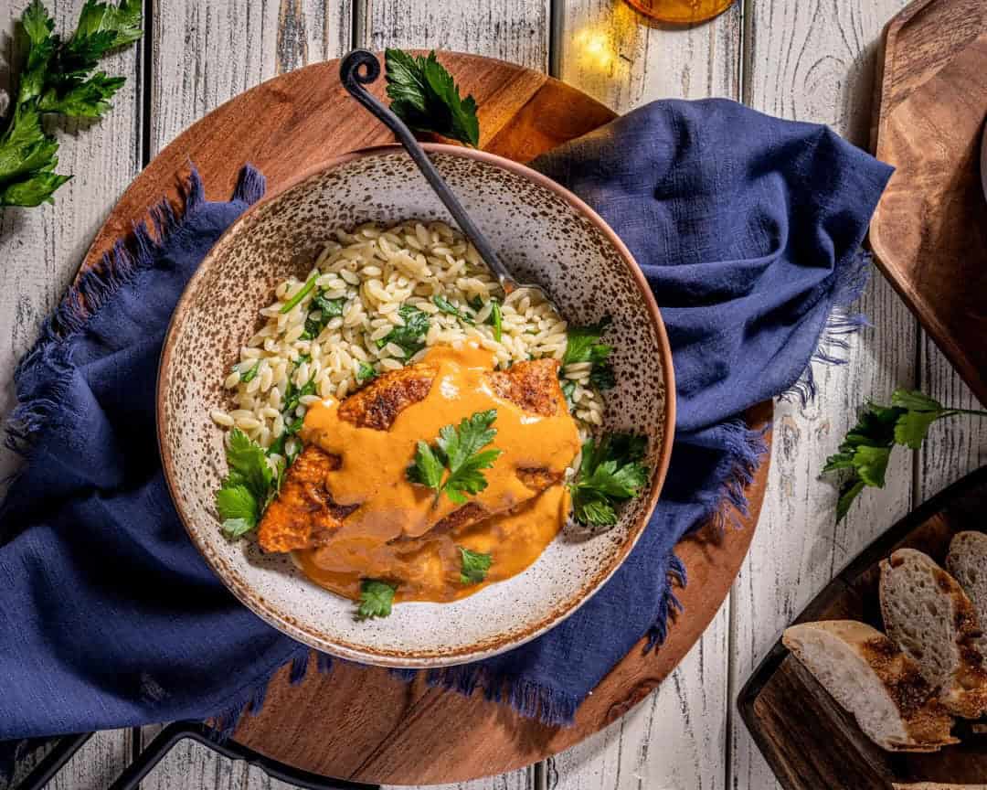Chicken With White Wine Vinegar Tomato Sauce And Spinach Orzo