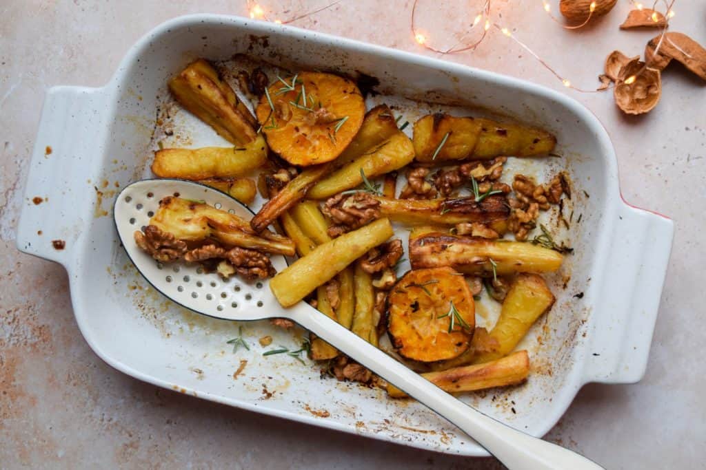 Maple Walnut Clementine Glazed Parsnips