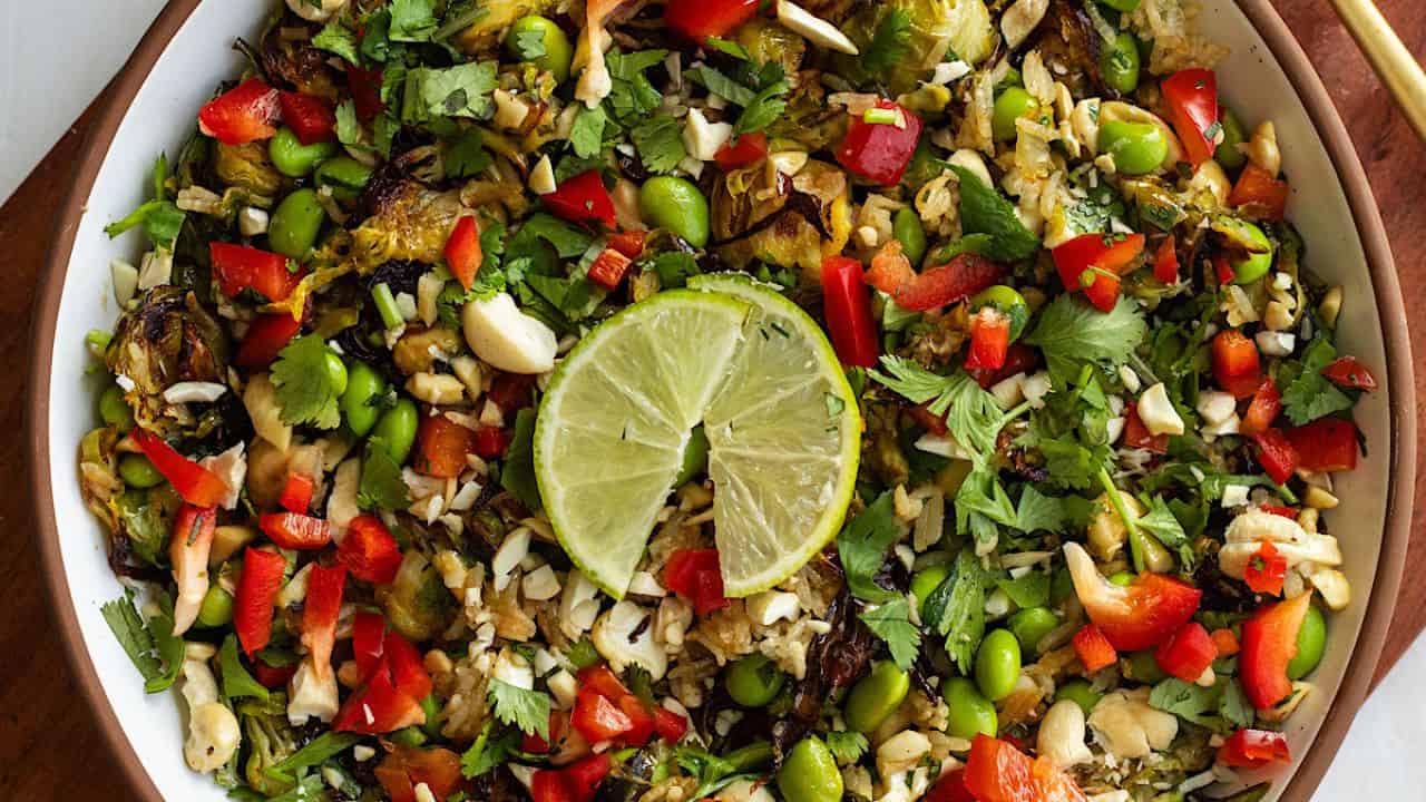 Baked Brussels Sprouts and Crispy Rice Salad