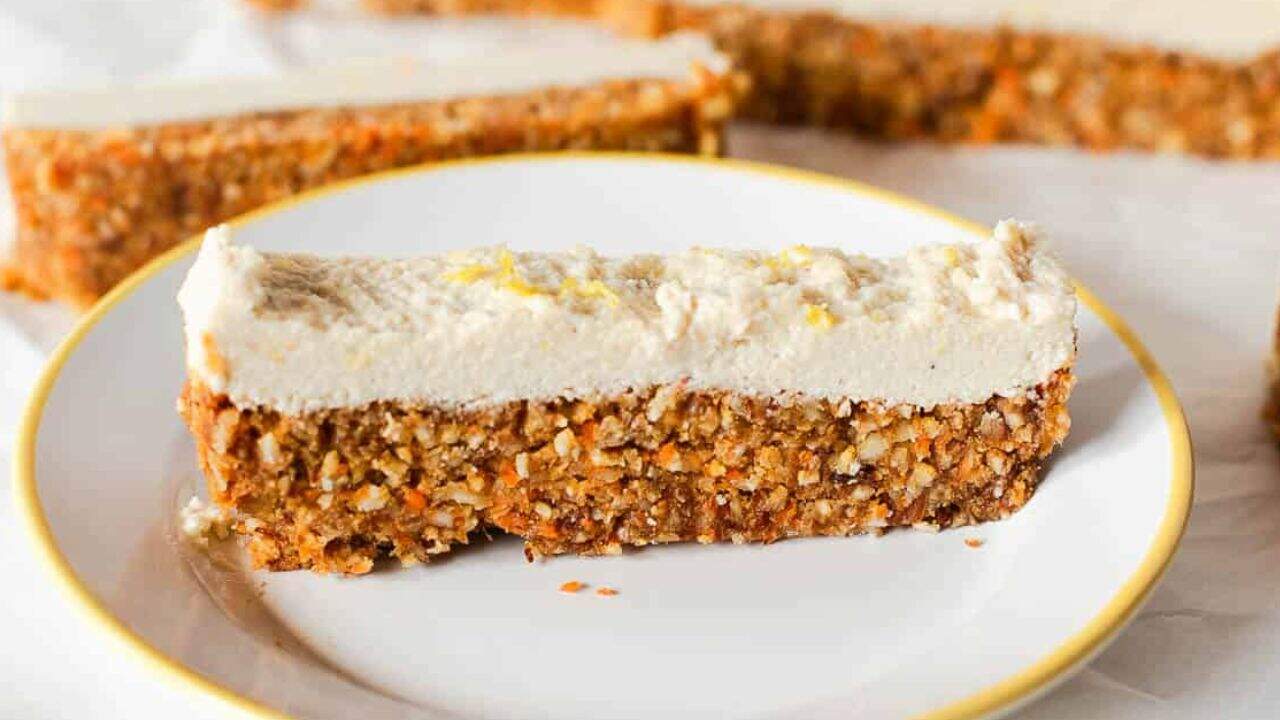 No Bake Freezer Carrot Cake Bars with Cashew Frosting
