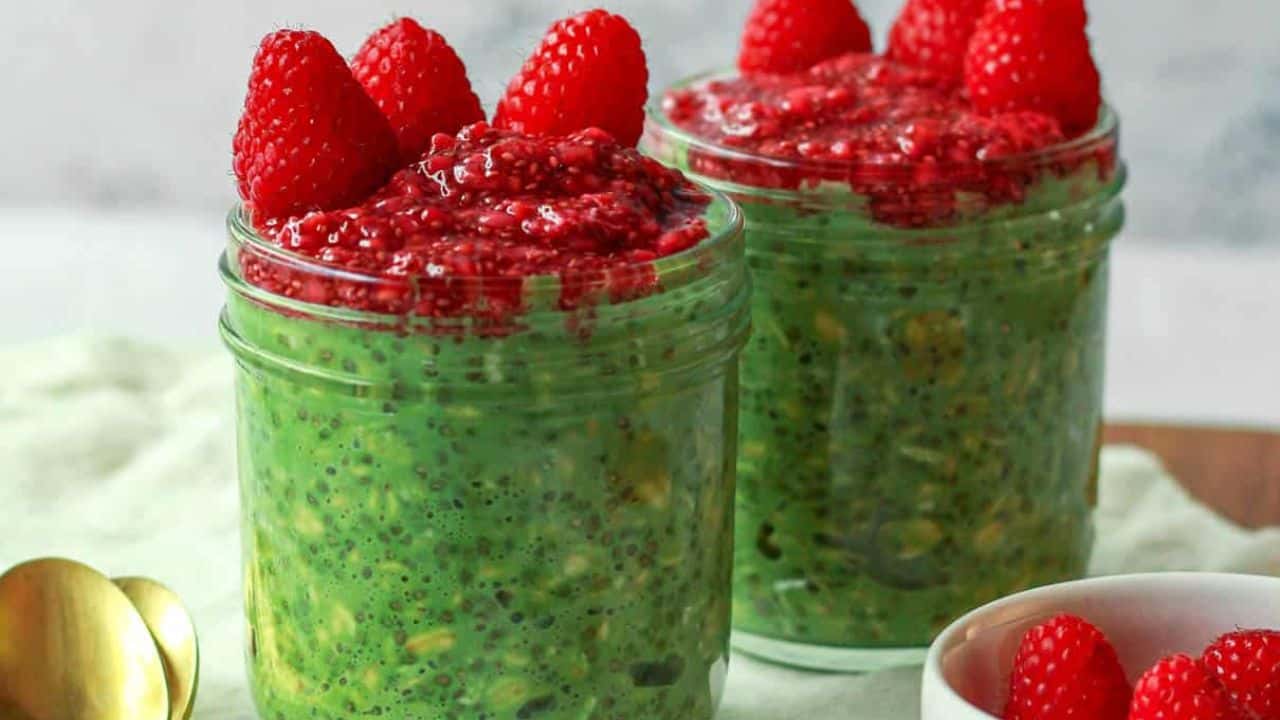 Overnight matcha oats with no-cook raspberry chia jam