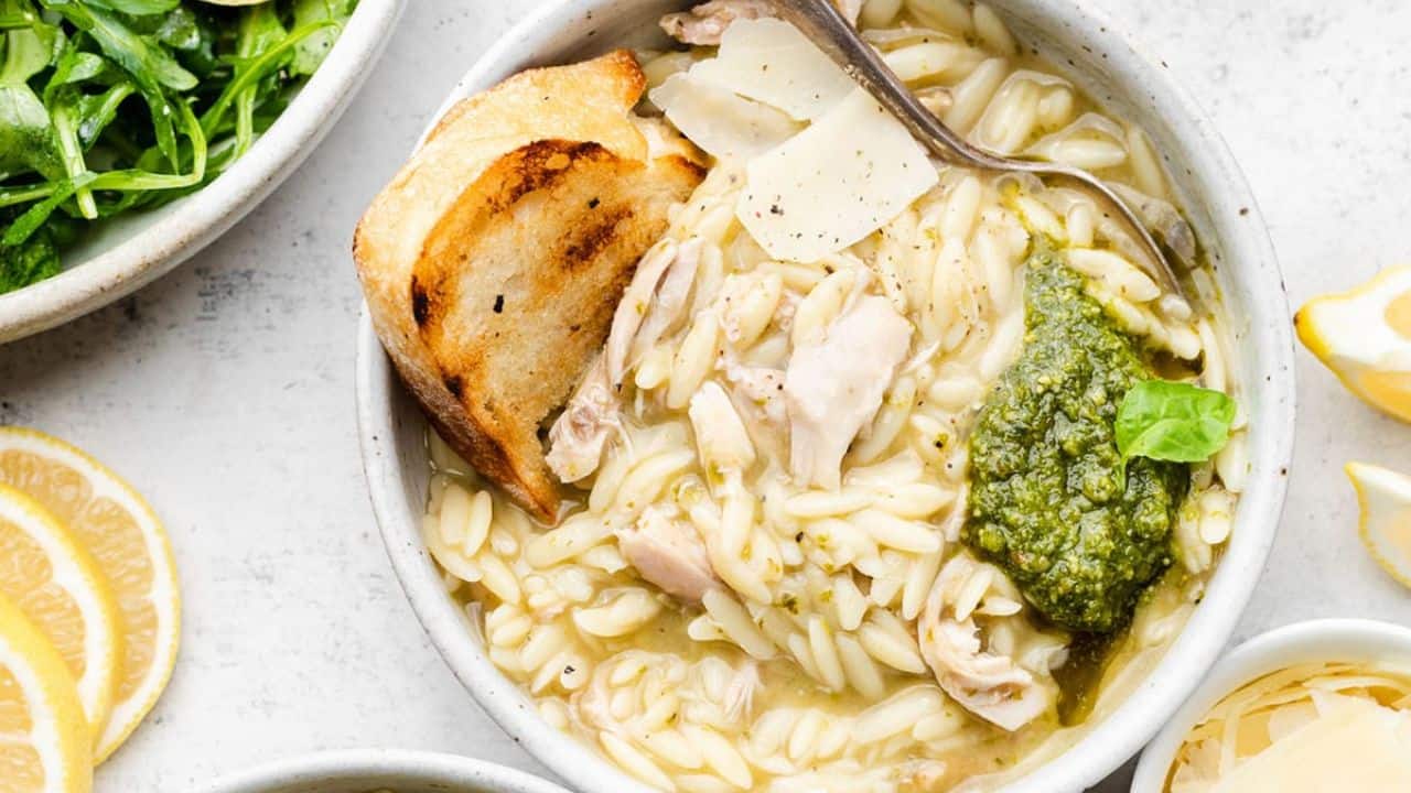 Pesto Chicken Orzo Soup
